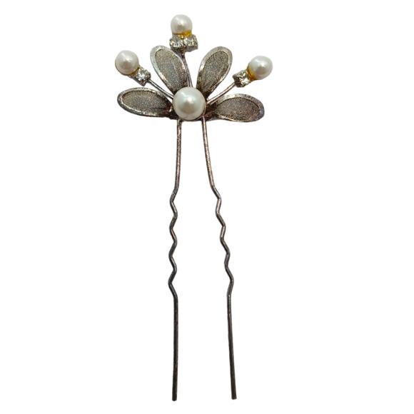 Vintage Sterling Silver Womens Hair Pin Pearl Flower Bridal Retro Jewelry